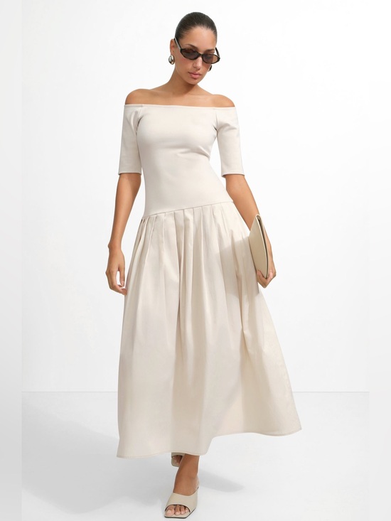 Marcella NYC Dresses & Skirts - NWT Marcella Mila Dress L Cream Ponte Cotton Midi Fit Flare Pockets